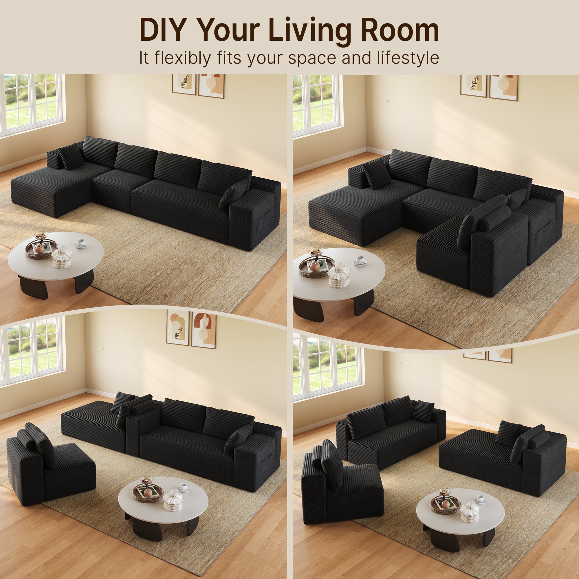 135" L-Shaped Cloud Modular Sectional Sofa, Corduroy Upholstery, Deep Seat Memory Foam Cushion, Black