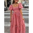 thumbnail image 4 of Womens Red Gingham Plaid Boho Midi Dress With Puff Sleeves Cinched Waist &, 4 of 6