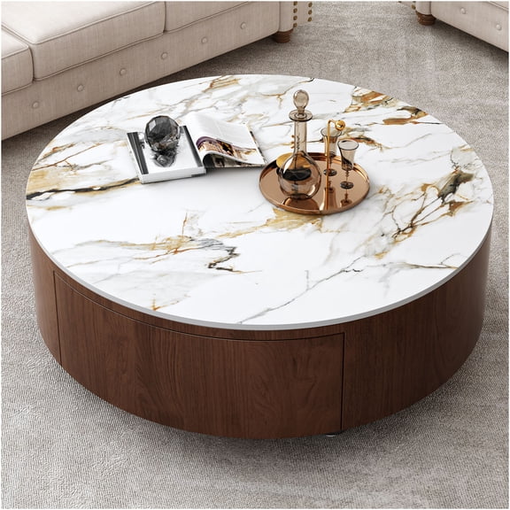 JERFIT Modern Round Coffee Table with Storage, Walnut Brown & Gold Nero Faux Marble Top, Sofa Table for Living Room with Soft-Close Drawers