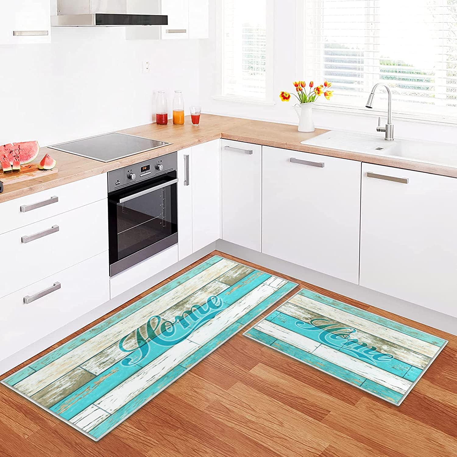 Flippana Teal Kitchen Rugs and Mats Non Skid Washable, Turquoise Rug