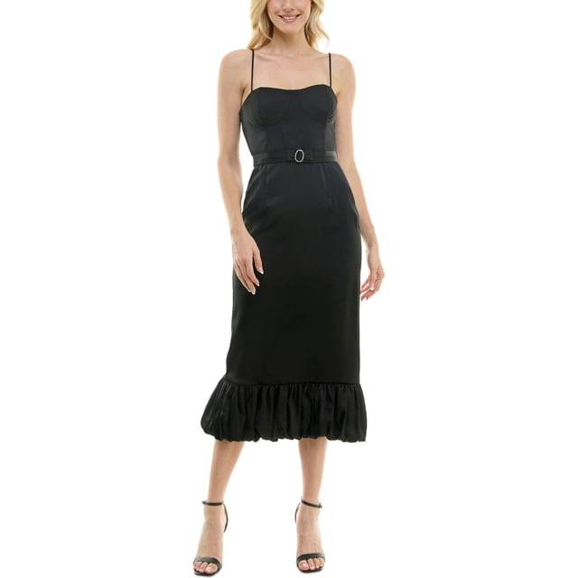 Taylor Womens Ruffled Boning Belted Cocktail Dress, black, 12