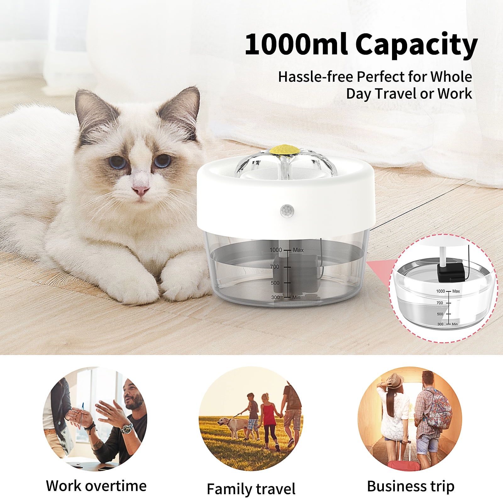 MASBRILL Cat Water Fountain, 1000mAh Battery, 1L Automatic Pet Drinking Fountain, White