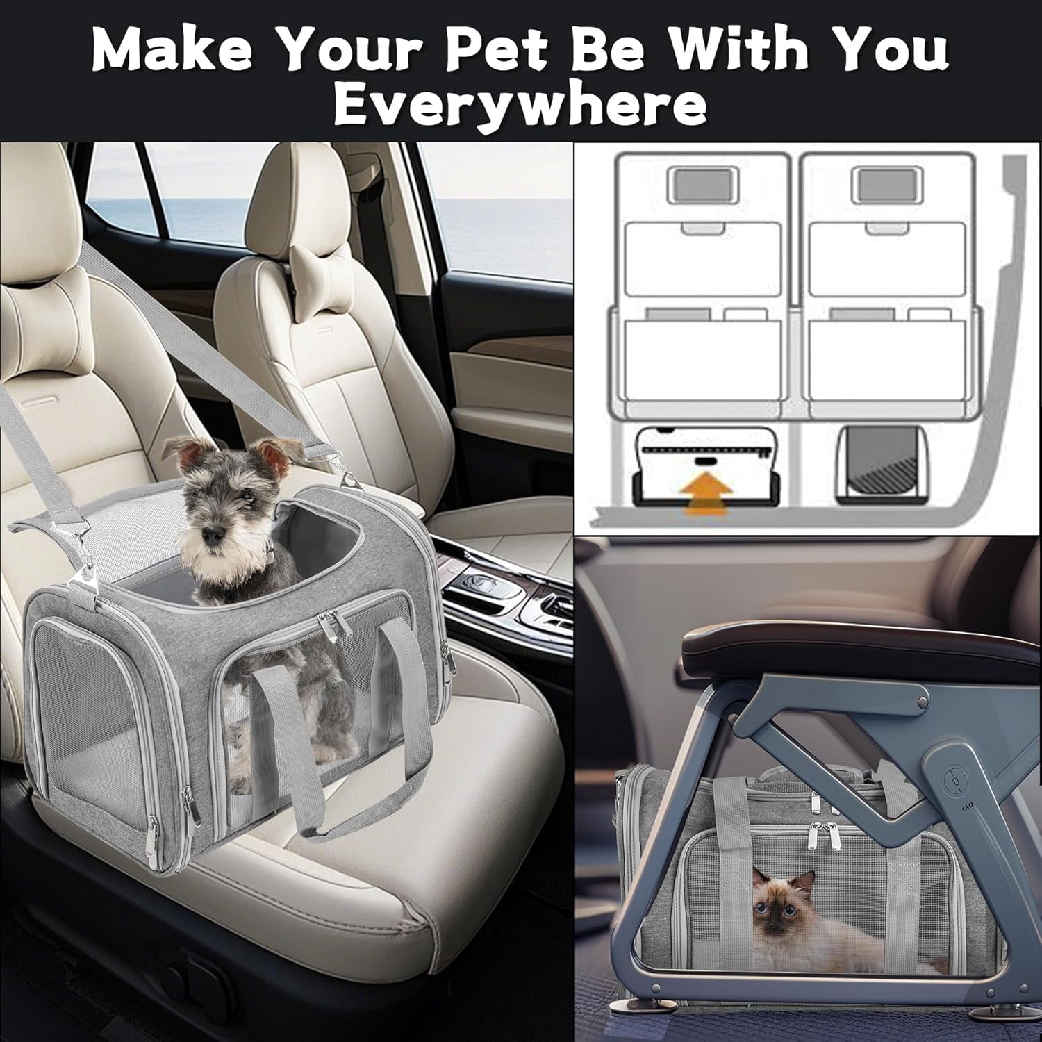 DENZUS Soft-Sided Cat/Dog/Pet Carrier, Collapsible Pets Travel Carriers for Big Cats/Small Dogs with Shoulder Strap & Removable Mat, Mesh Puppy Carry Bag, Up to 25 Lbs, TSA Airline Approved(Gray)