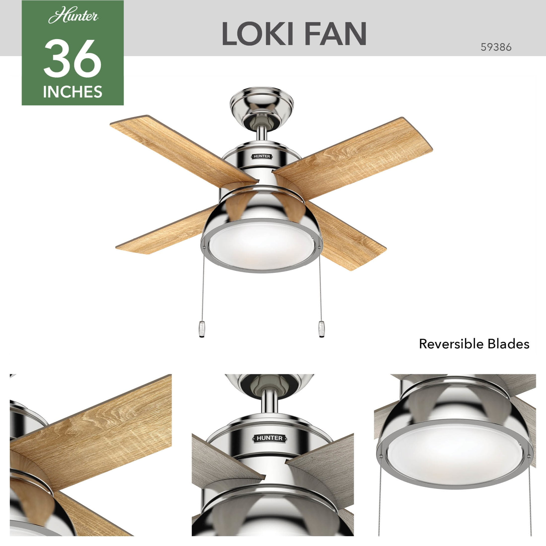 Hunter - Loki Indoor Ceiling Fan With Light, 36-inch, Polished Nickel, Casual-style, 3-speed WhisperWind Motor, 59386, for Living Rooms, Bedrooms