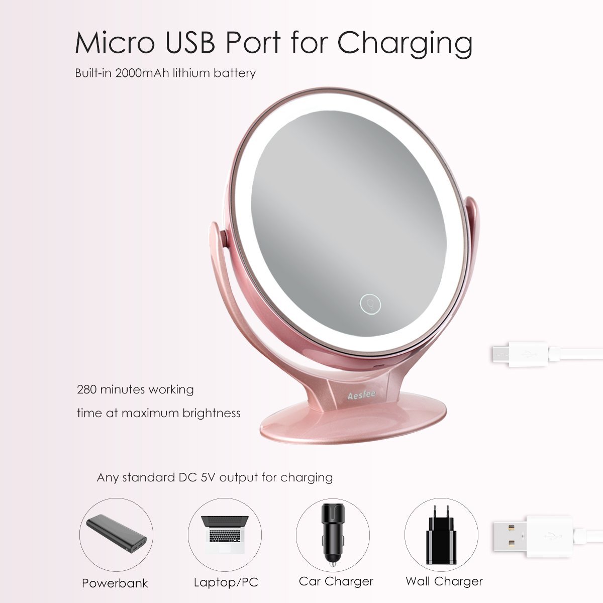 Aesfee LED Lighted Makeup Vanity Mirror Rechargeable,1x/7x Magnification  Double Sided 360 Degree Swivel Magnifying Mirror with Dimmable Touch  Screen, Portable Tabletop Illuminated Mirrors Rose Gold