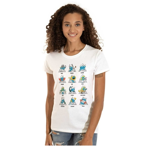 Smurfs Astrology Cartoon Zodiac Signs Women's T Shirt Ladies Tee Brisco Brands S