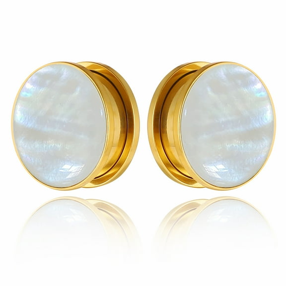LADEMAYH Elegant White Pearl Ear Plugs Tunnels Gauges, Classy Surgical 316L Stainless Steel Ear Expanders for Stretched Ears, Hypoallergenic Body Jewelry for Men & Women (2pcs Gold, 10mm=00g)