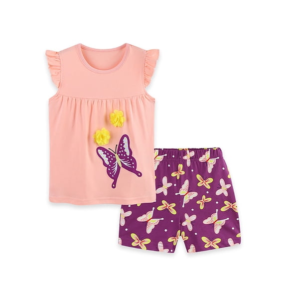 MEZZALL Girls Outfit Sets Short Sleeve Tee And Shorts Two Piece Casual Playwear With Cute Cartoon Print Lightweight Summer Clothes Sets Kids Breathable Comfort