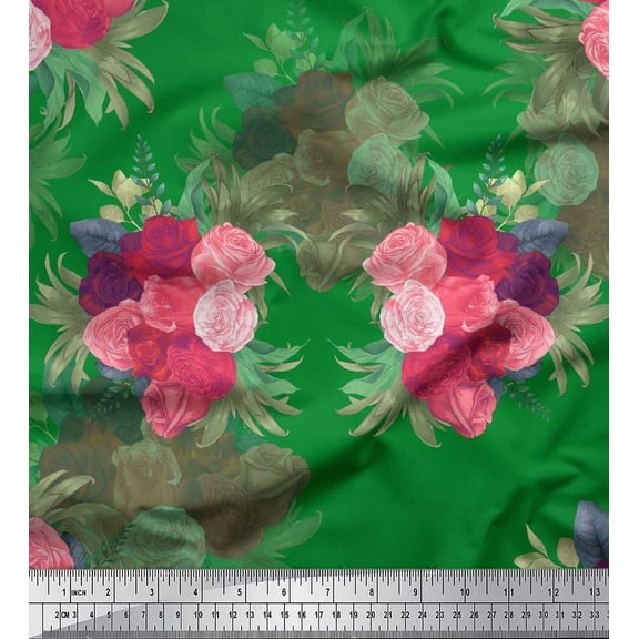 Soimoi Green Cotton Duck Fabric Leaves & Austin Rose Floral Print Fabric by the Yard 42 Inch Wide