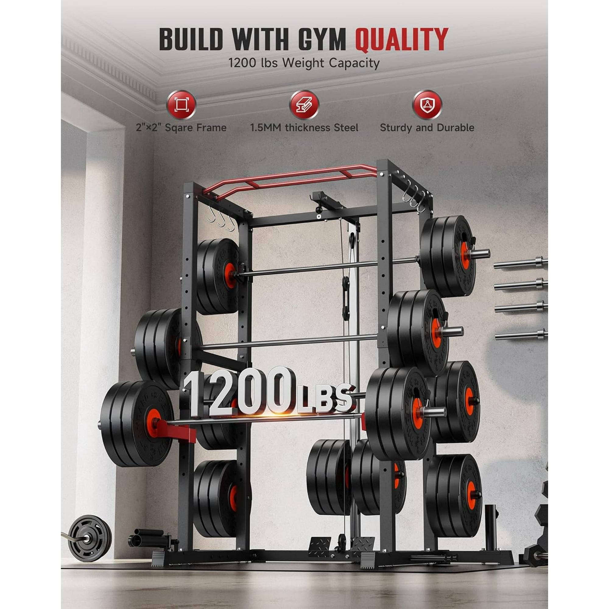 UPGO Power Cage,1200lbs Multi-Function Power Rack with Lat Pulldown and Pulley System and More Training Attachment, Weight Cage for Home Gym