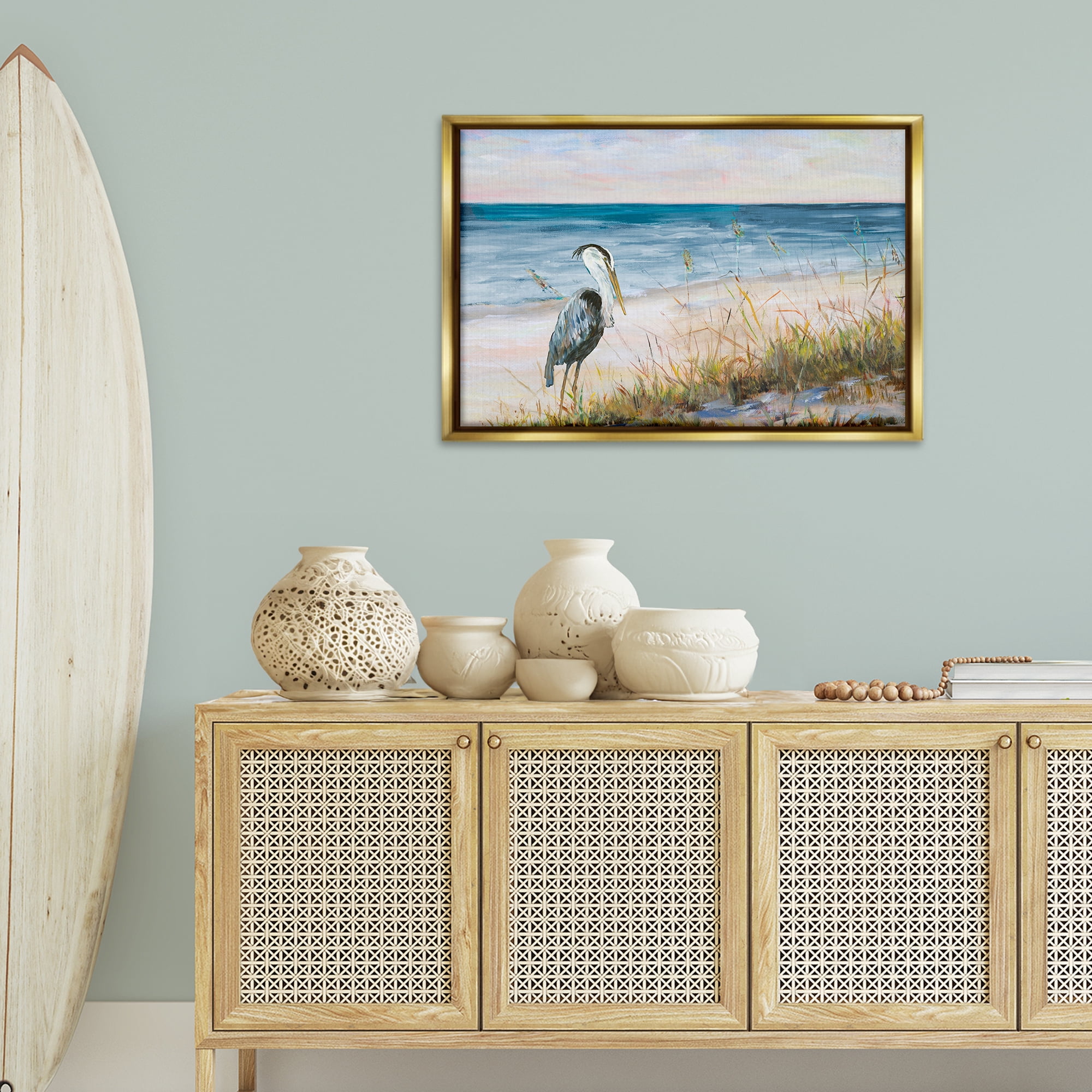 Stupell Industries Calm Pelican on Beach Landscape Painting Gold Floater Framed Canvas Art Print Wall Art, 31 x 21