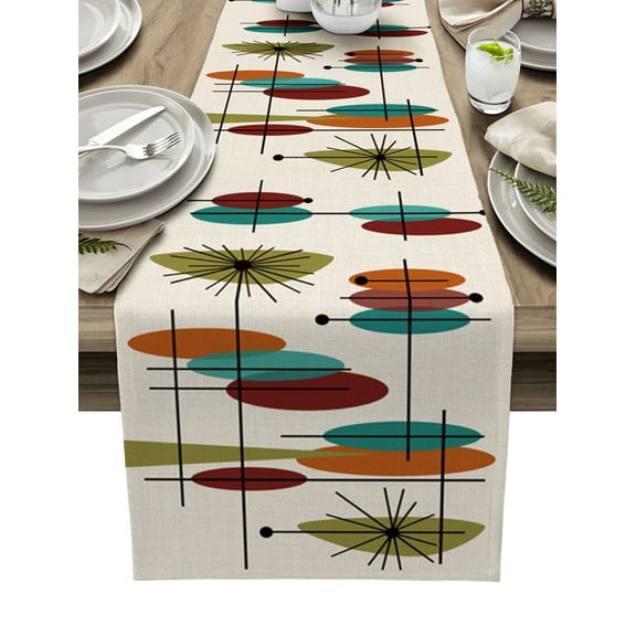 Table Runner Dresser Scarves 90 Inch Long, Medieval Abstract Geometric Art Linen Dining Table Runners Orange Teal Red Oval on Linen Tabletop Scarf for Wedding Holiday Party Kitchen