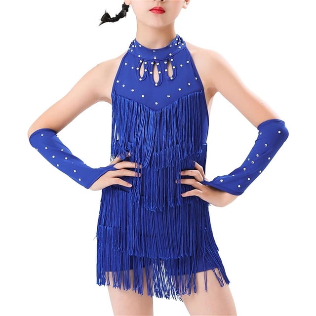 Odeerbi 2-8 Años Niñas Flecos Vestido de Baile Latino Con Sobremanga Conjunto Escenario Rendimiento Trajes de Baile Mono de Práctica Falda Con Borlas