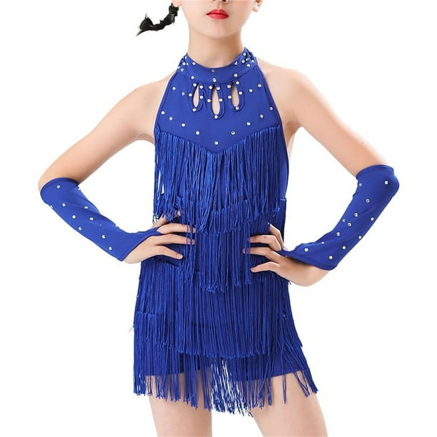 Odeerbi 2-8 Años Niñas Flecos Vestido de Baile Latino Con Sobremanga Conjunto Escenario Rendimiento Trajes de Baile Mono de Práctica Falda Con Borlas