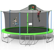 1000 LBS 16FT Trampoline for Adults Kids, Large Outdoor Trampoline with Enclosure, Basketball Hoop, and Ladder, Round Recreational Trampoline, Heavy Duty Trampoline Capacity for 8-9 Kids
