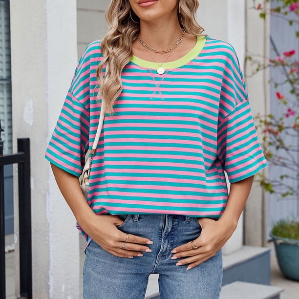 Puntoco Liquidación de camisetas cortas para mujer, camiseta informal a rayas con cuello redondo y manga corta a la moda para mujer