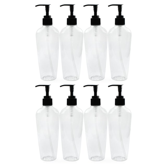 Botellas de loción de plástico Cornucopia 235 ml con bomba, paquete de 8 unidades, transparentes