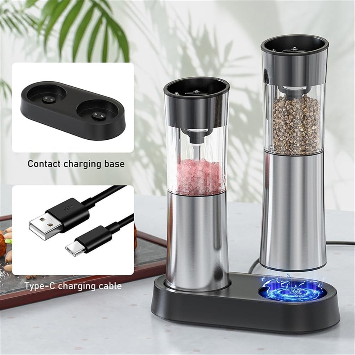 Electric Salt and Pepper Grinder Set Rechargeable Automatic Grinder with Charging Base LED Light, Adjustable Coarseness