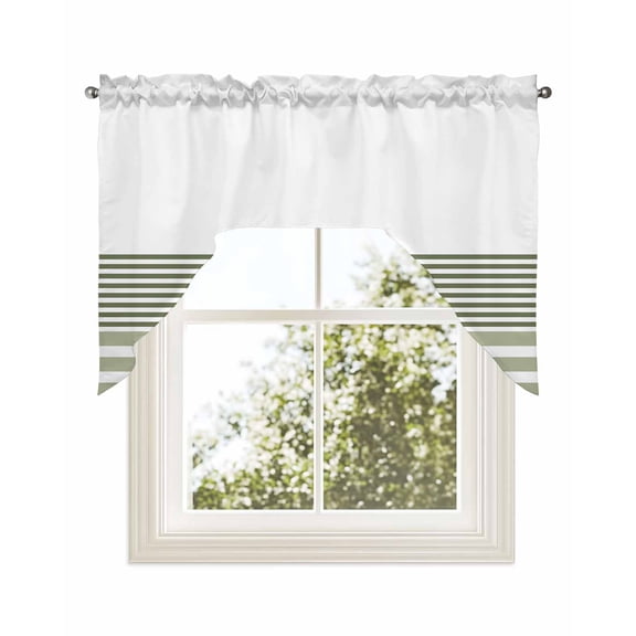 Sage Green Striped Swag Valance for Windows 56'' x 36'', Modern Farmhouse Stripes Light Filtering Kitchen Curtains Valances for Bathroom/Living Room/Bedroom/Café, Rod Pocket Curtain Panel