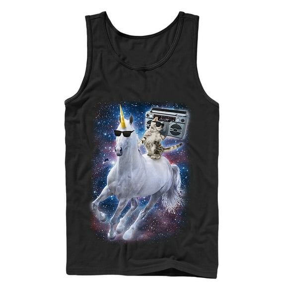Men's Lost Gods Boombox Cat and Unicorn Space Song Tank Top Black Small
