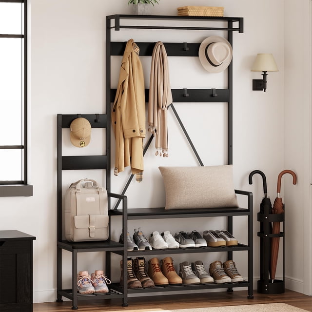 Hall Tree with Bench and Shoe Storage Parent-Child Coat Rack Shoe Bench Industrial Coat Tree Entryway Large Organizer with Shoe Rack, Storage Cubbies, Hooks, and Top Shelf