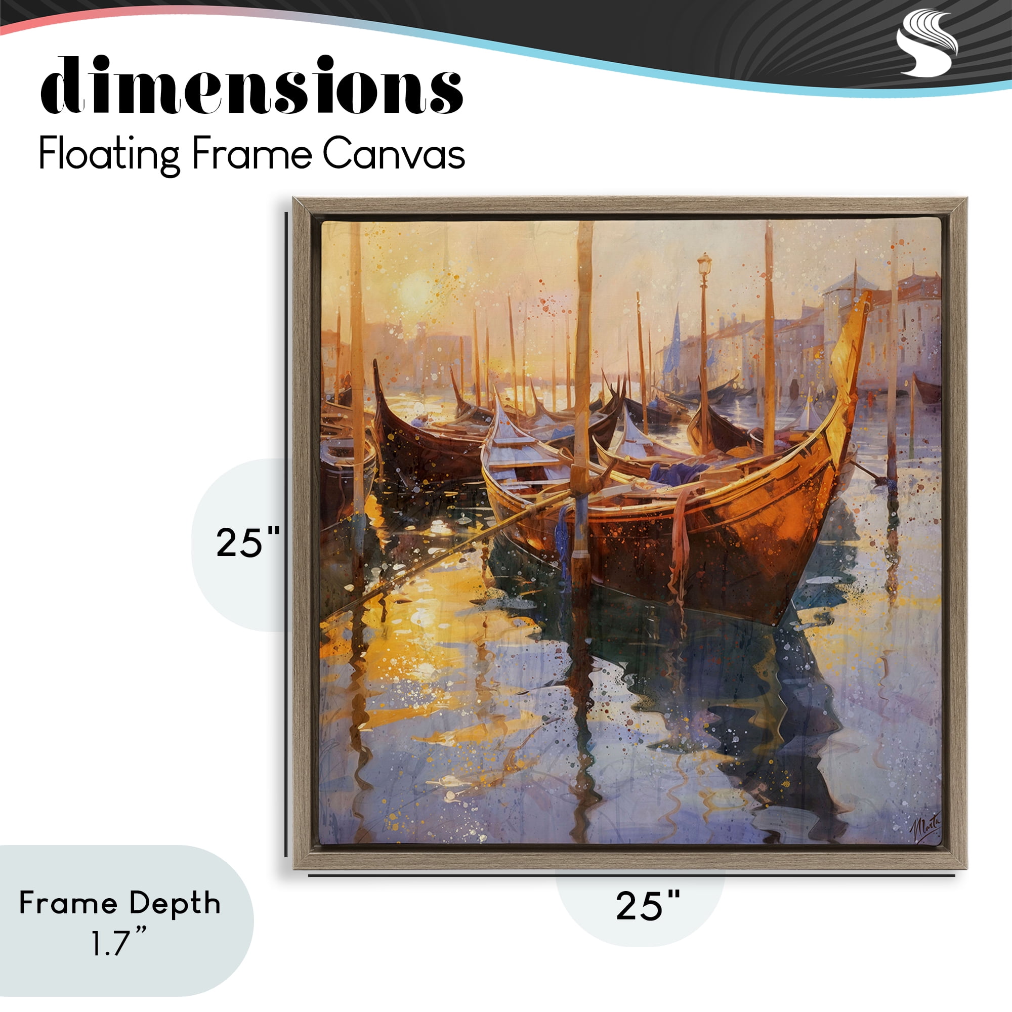 Stupell Industries Venetian Gondolas in Golden Light Brown Framed Floater Canvas Wall Art, design by Marta Wiley