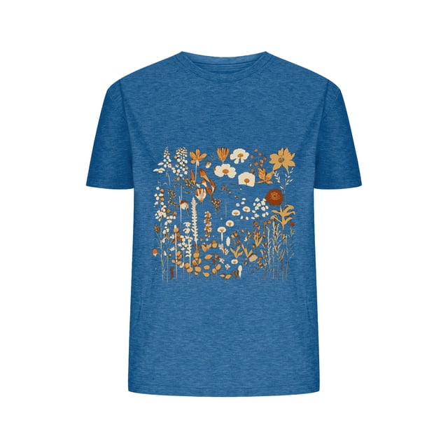 Blusas de Verano de las Mujeres Flor Impresa Cuello Redondo Manga Corta Superior, Verano Superior de las Mujeres