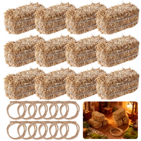 24PCS Western Themed Party Decorations, Includes 12PCS Mini Straw Bales and 12PCS Jute Ropes, Realistic Haystack Dollhouse Accessories, 2.7" Cowboy Table Centerpieces for Miniature Landscape