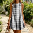 thumbnail image 4 of Wovilon Women's Sleeveless Round Neck Gingham Mini Dress, A-Line Relaxed Fit Casual Summer Tunic, Back Button Detail Cotton Loose Short Shift Dress for Beach Vacation Holiday Daily Wear, 4 of 5