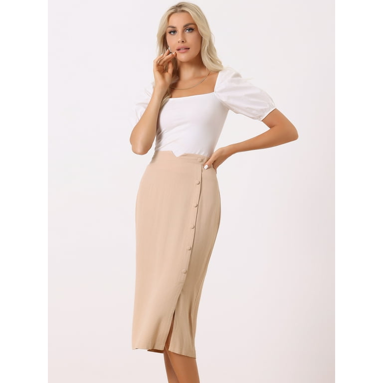 Unique Bargains Women s Elastic Waist Slit Hem Linen Casual Midi Pencil Skirt M Khaki Walmart