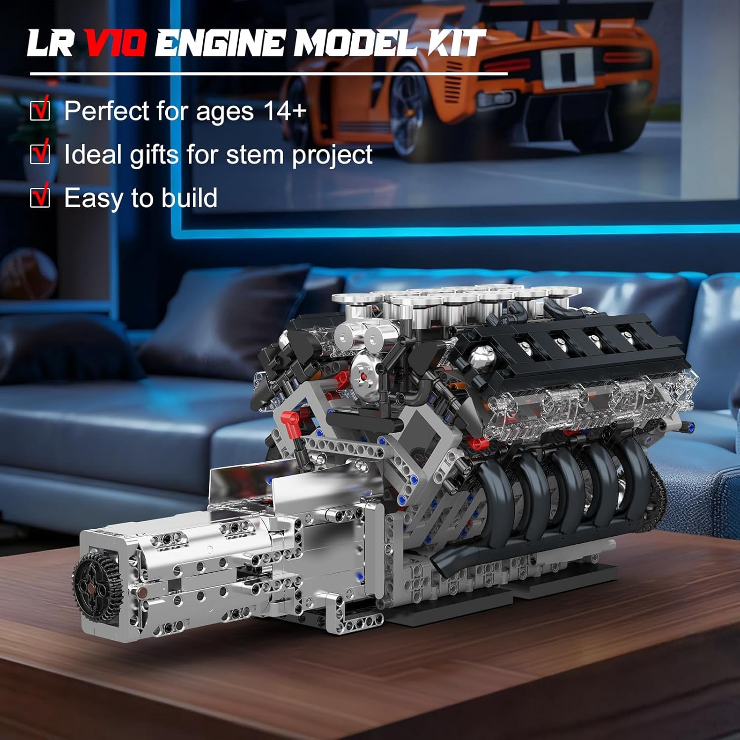 Engine Building Blocks Sets- Build Your Own STEM V10 Engine Model Kit, 10-Cylinder Car Engine Building Engineering Toys for Adults Collections Home or Office Décor (1834+PCS)