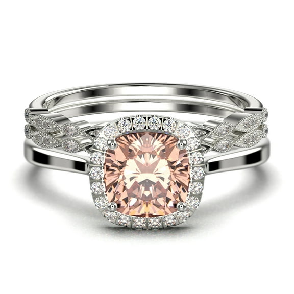 Dazzling Halo 2.55 Carat Cushion Cut Morganite And Diamond Moissanite Engagement Ring, Wedding Ring, Two Matching Band in 925 Sterling Silver With Plain 18k White Gold Plating Shank Gift For Her