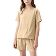 thumbnail image 3 of Babcutegg Girls Two-Piece Loungewear Set – Soft Short Sleeve Round Neck T-Shirt and Matching Casual Shorts for Spring Summer Comfort Beige Size 16-17, 3 of 9
