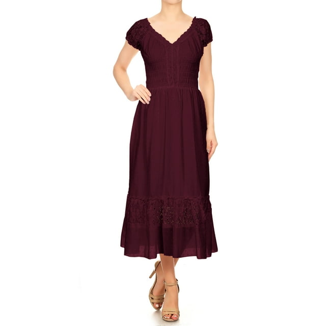 Robe Maxi à Manches Cap, Garniture en Dentelle, Inspirée Bohème, Paysanne/jeune Fille, Bourgogne, Grand