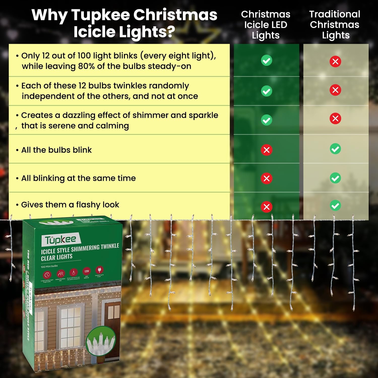 Tupkee Christmas Twinkle Icicle Lights - 12 of 100 Bulbs Twinkle - 5.5 Feet Light String - 100 LED Warm-White Bulbs - Indoor Outdoor - Random Shimmering Twinkling Sparkling Christmas Icicle Lights