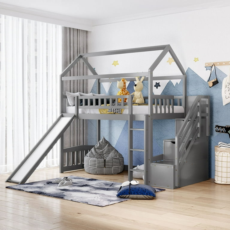 CLEARANCE Twin Loft Bed with Two Drawers and Slide House Bed with Slide Gray