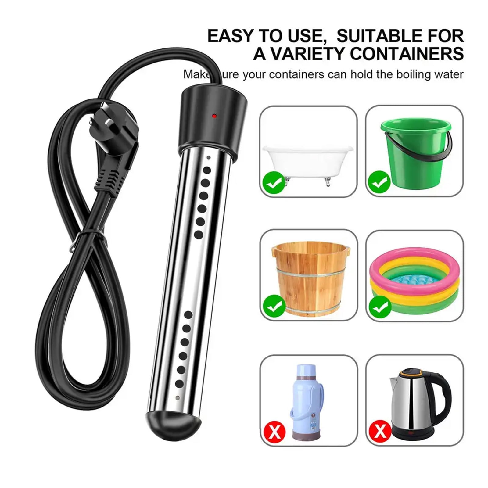 IFCOW 1500w Water Heater for Bathtub,Bucket Heater,Portable Electric Immersion Heater,Stainless Steel Immers Water Heater Bucket (Not auto shut off)
