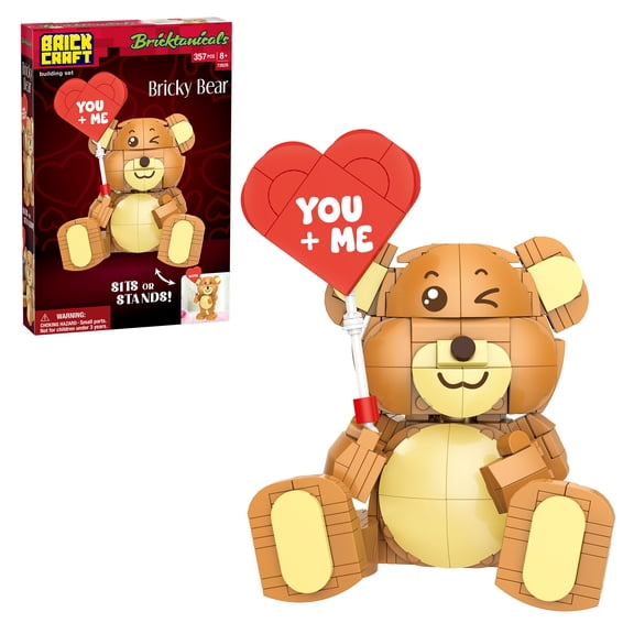 Brickcraft Bricktanicals Bricky Bear Building Kit (357-Piece Set), Teddy Bear Brick Toy, Valentine's Day Gift, Customizable Message Stickers, Poseable Figure, Collectible Display, Sits or Stands