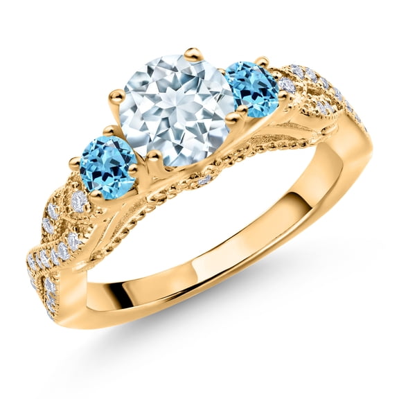 Gem Stone King 18K Yellow Gold Plated Silver Sky Blue Aquamarine Swiss Blue Topaz and White Moissanite Engagement Ring for Women (1.32 Cttw, Gemstone March Birthstone, Round 6MM and 3MM, Size 5)