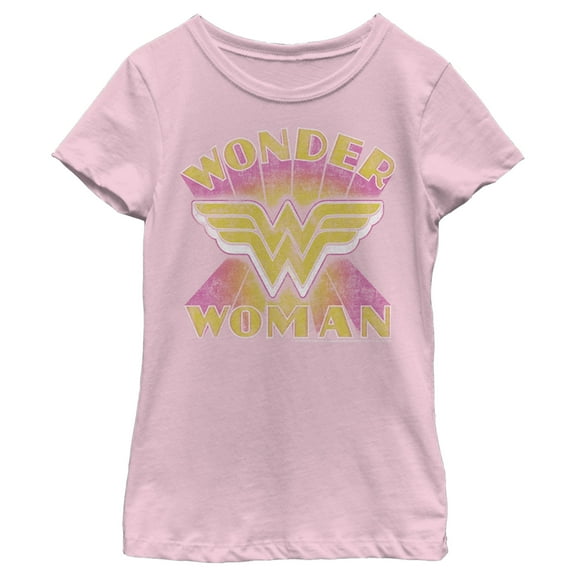 Girl's Wonder Woman Distressed Yellow Logo Graphic Tee Light Pink Large