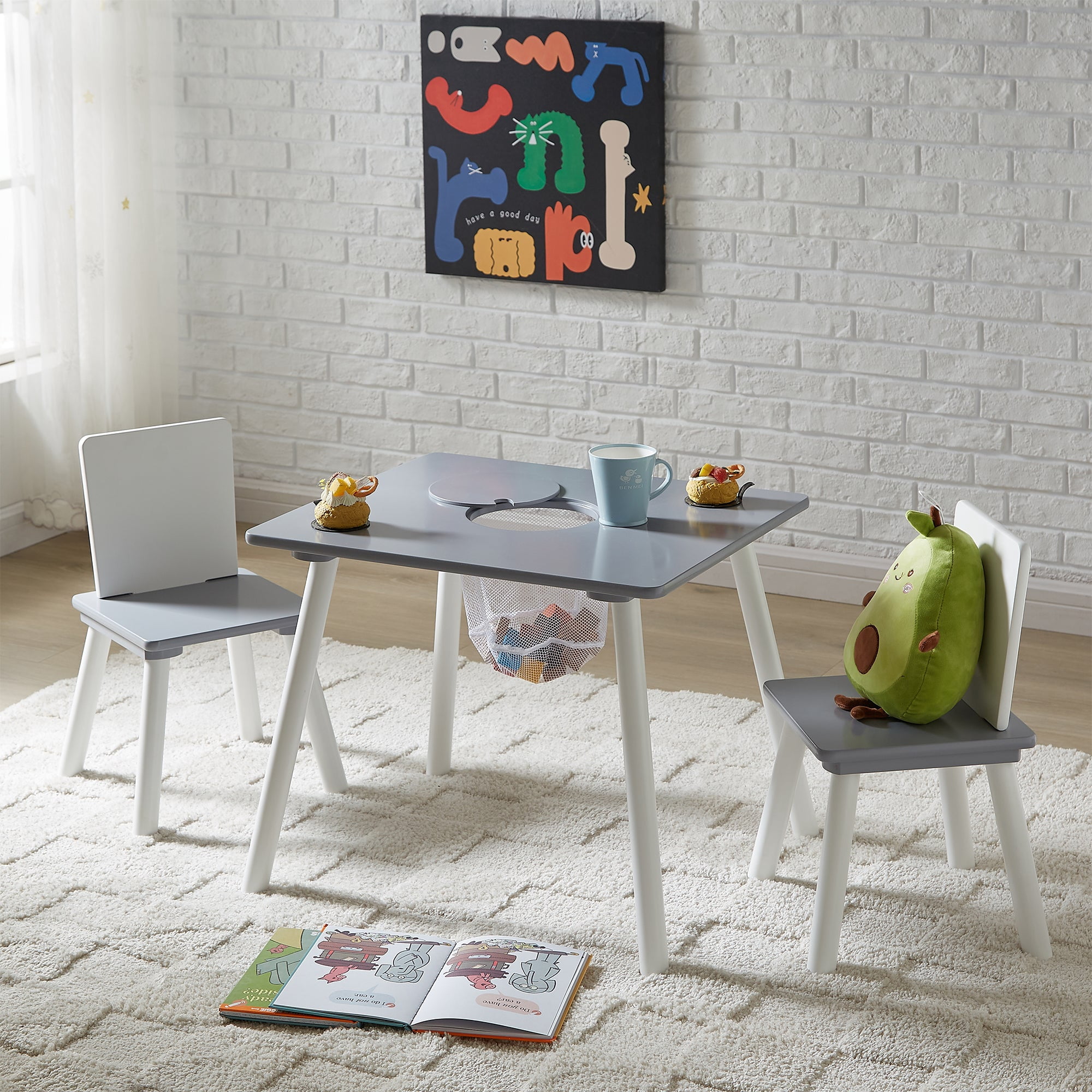 VECELO Kids Table and Chair Set with Storage, Toddler Study Table and Chair for Age 2-8, Small Childrens Activity Table with 2 Seats for Daycare, Classroom, Home, White + Grey