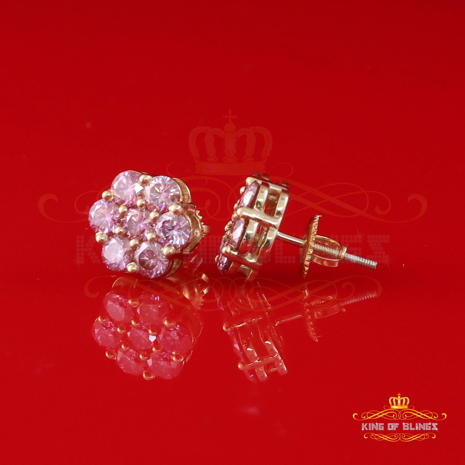 King of Bling's 925 Silver Yellow 2.25ct VVS D Pink Moissanite Floral Mens/Women's Stud Earrings