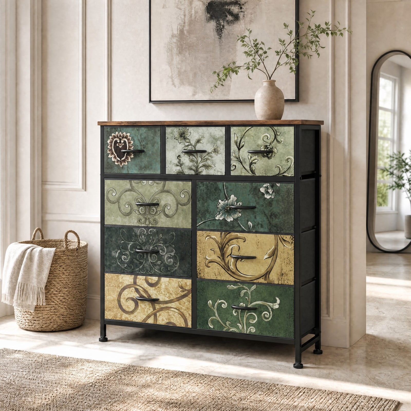 Telyra 9-Drawer Fabric Dresser Tall Storage Tower with Wood Top and Steel Frame Bedroom Closet Organizer, Floral Painted