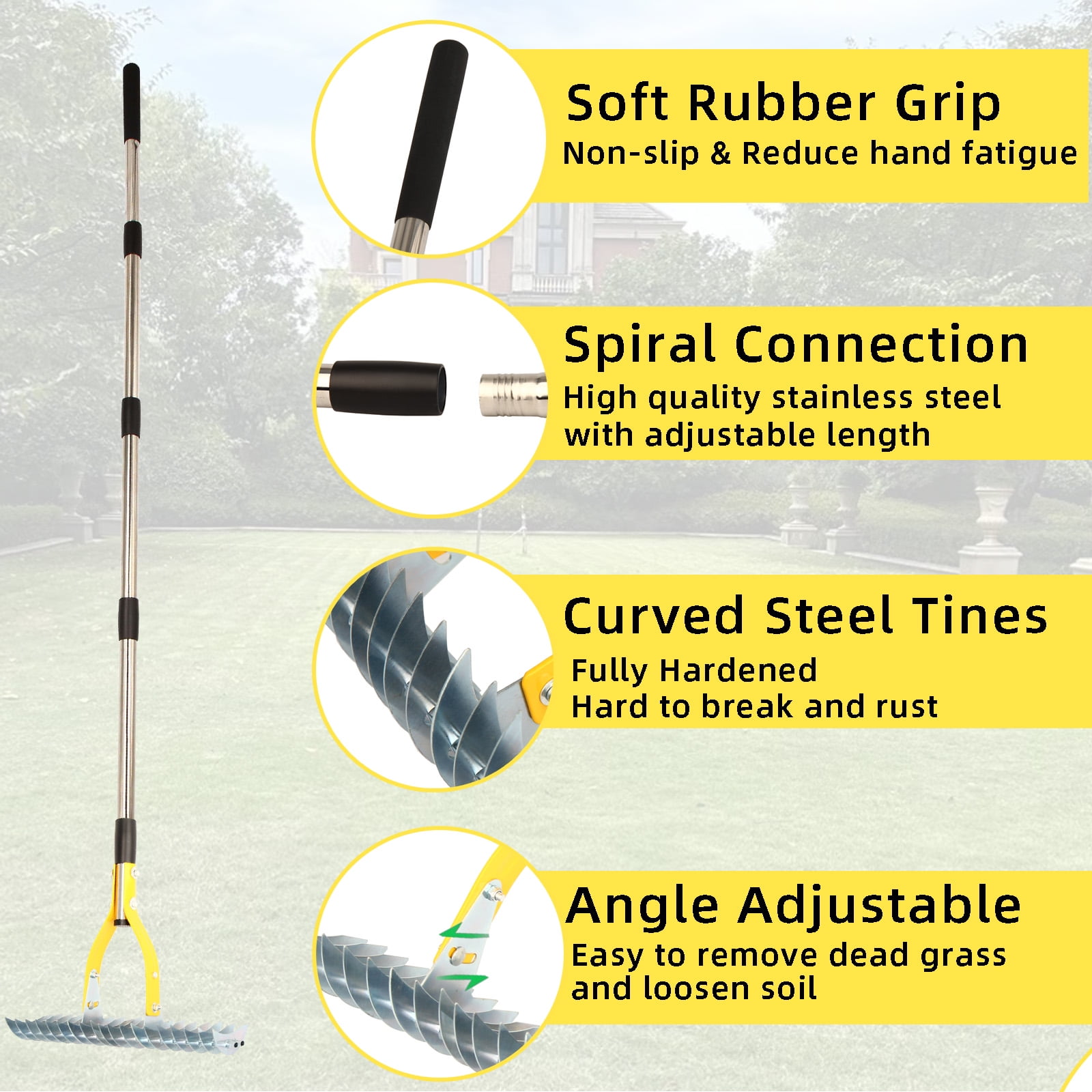 YARTTING Thatch Rake Durable Efficient Dethatcher Rake with Adjustable Handle Steel Garden Rake for Raking Leaves, Dead Grass, Loosening Soil
