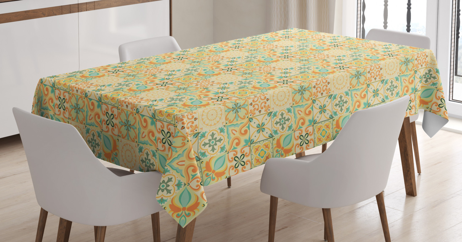 Moroccan Tablecloth, Pale Italian Style Curly Flowers in Squares
