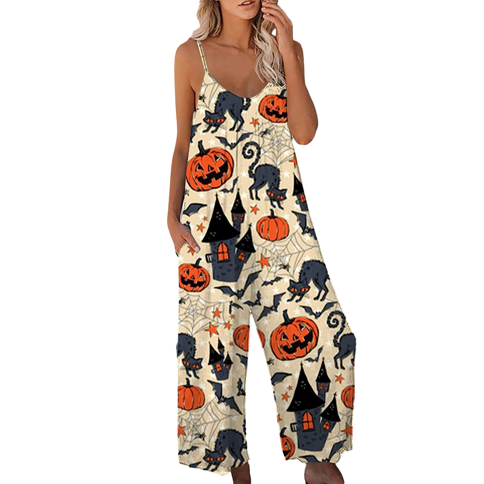 Women's Halloween Strap Jumpsuit Sleeveless One Piece Pumpkin Bat Cat Romper Playsuit Spaghetti Strap Baggy Overalls Pants
