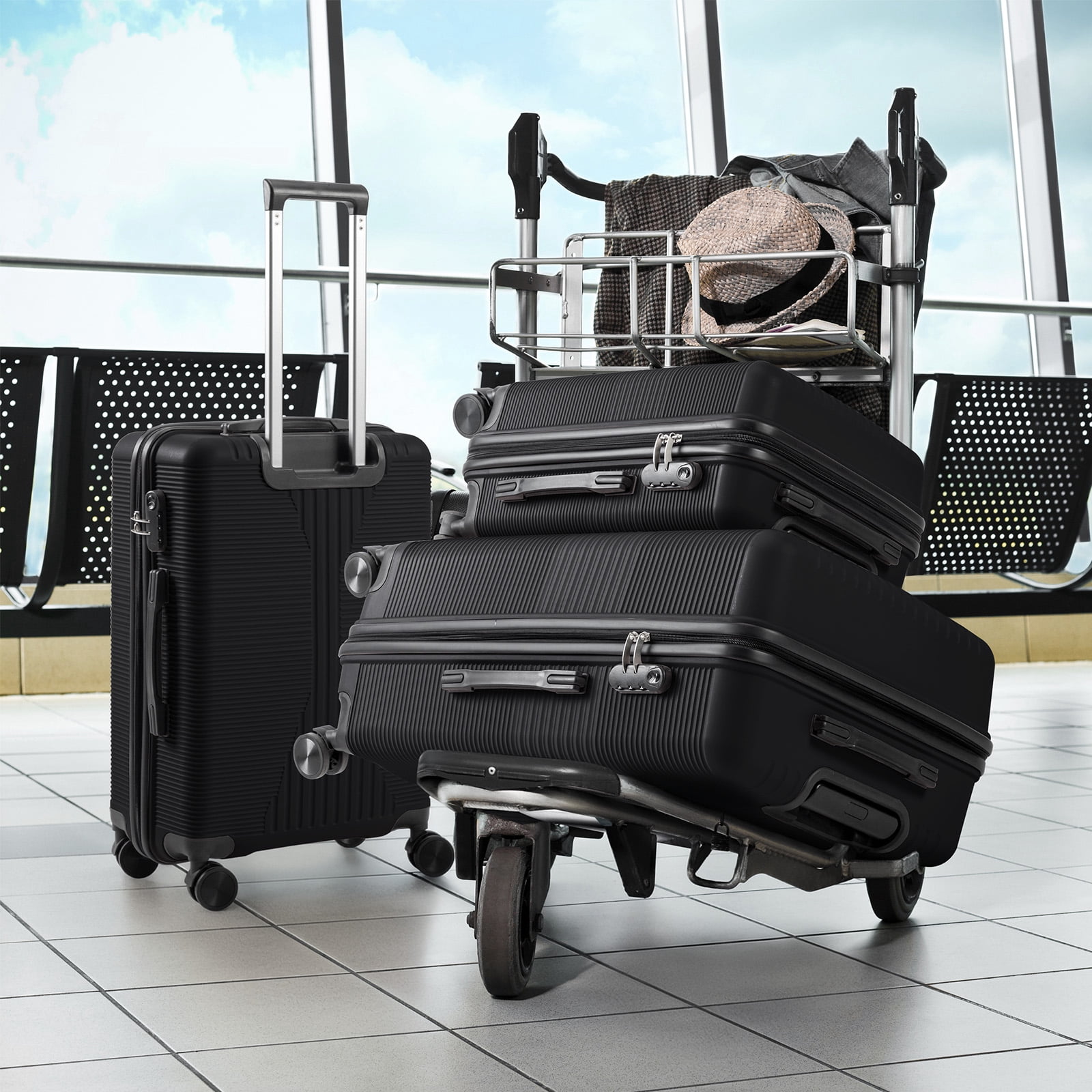 PP Trolley Case, 20in 24in 28in 3PCS Suitcase Set, Black