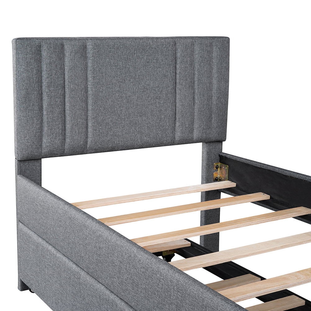 Kadyn Double Upholstered Platform Bed with Rollers, Modern Bedroom Twin, Grey Kadyn Double Upholstered Platform Bed with Rollers, Modern Bedroom Twin, Grey