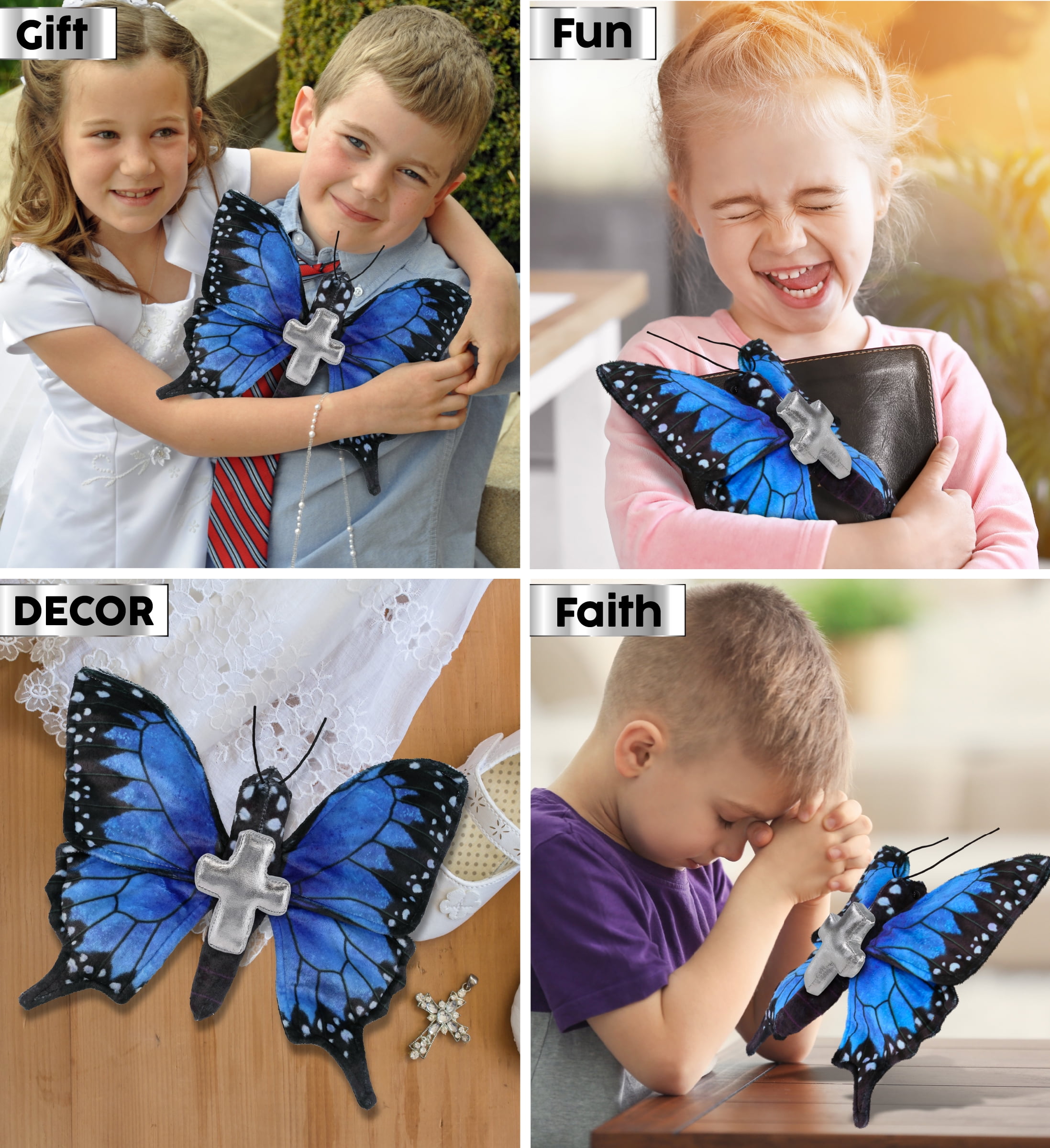 DolliBu Wild Collection Blue Butterfly Stuffed Animal with Silver Cross Plush - Baptism Gifts for Boys and Girls, Dedication Christening Gifts Plush Prayer Toy Healing Stuffed Animal - 12 Inches
