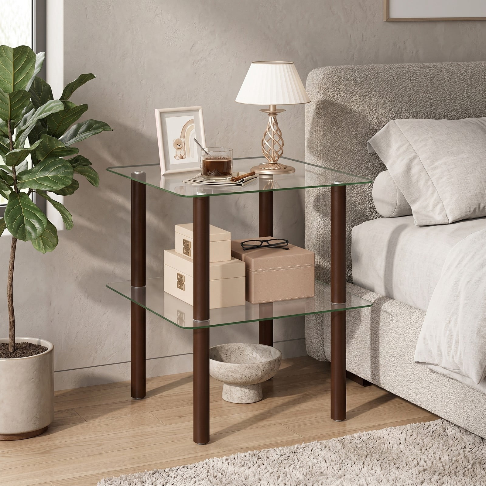 Furnibear 2-Tier Square End Table with Clear Tempered Glass Top and Shelf, Solid Rubber Wood Side Table for Living Room Bedroom, Round-Edge Sofa, Clear & Brown